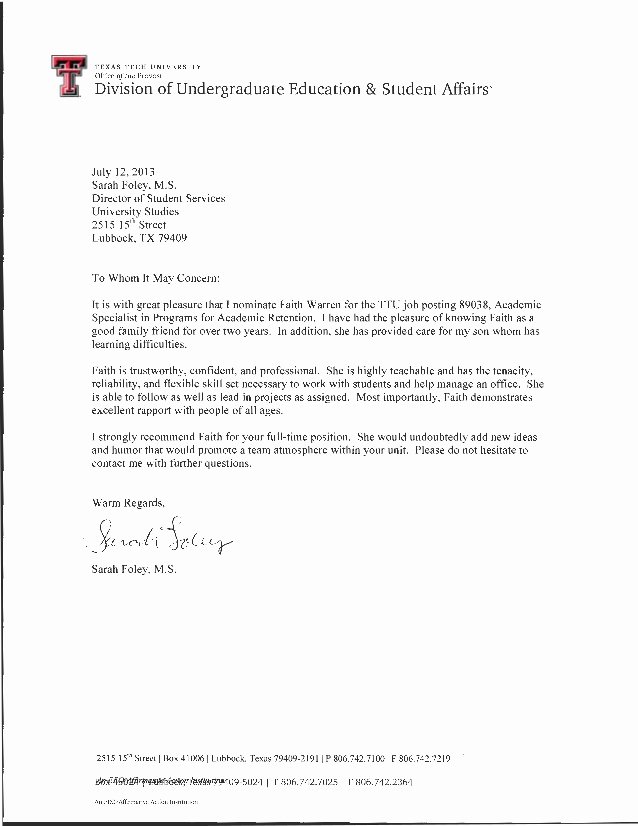 Texas Tech Letter Of Recommendation Awesome Re Mendation Letter