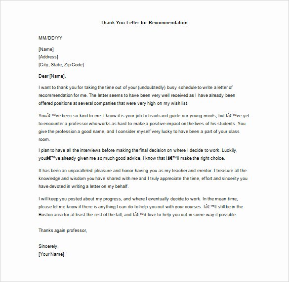 Thank You Letter Of Recommendation Lovely Thank You Letter for Re Mendation – 9 Free Word Excel