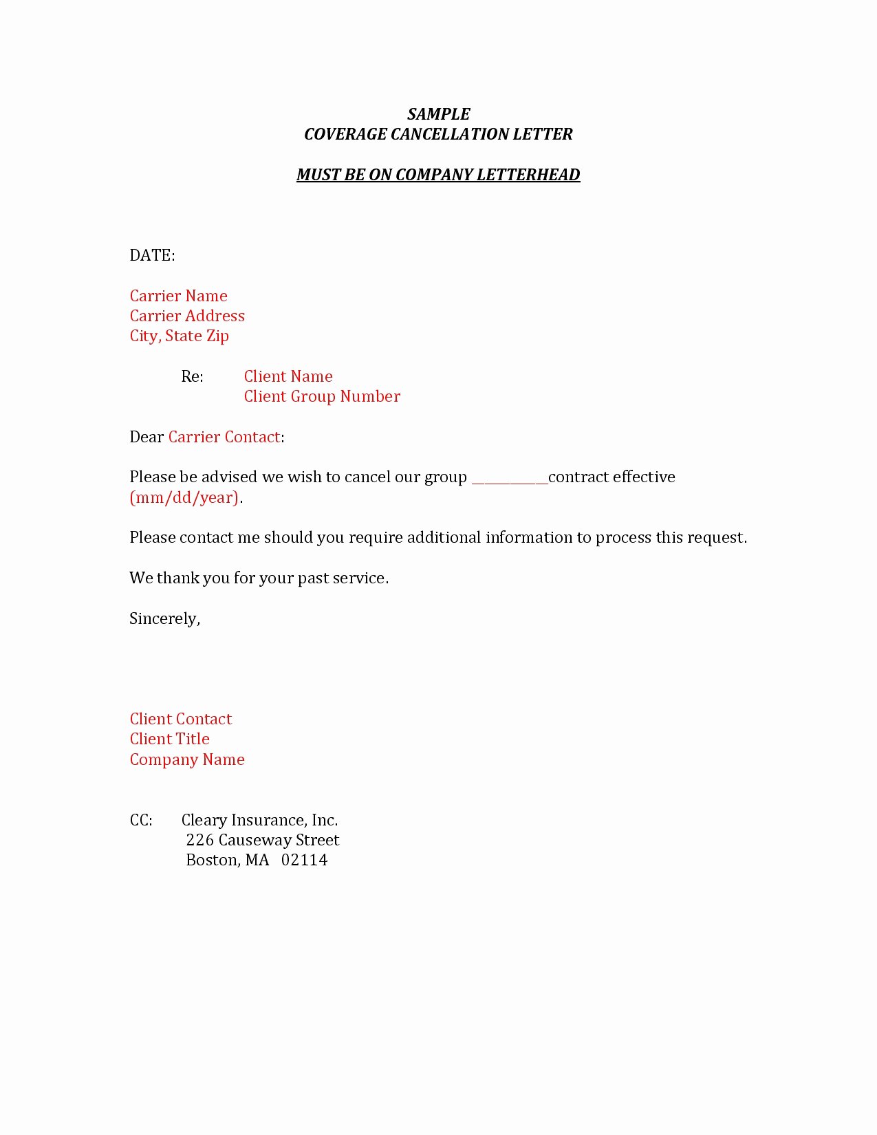insurance cancellation letter template
