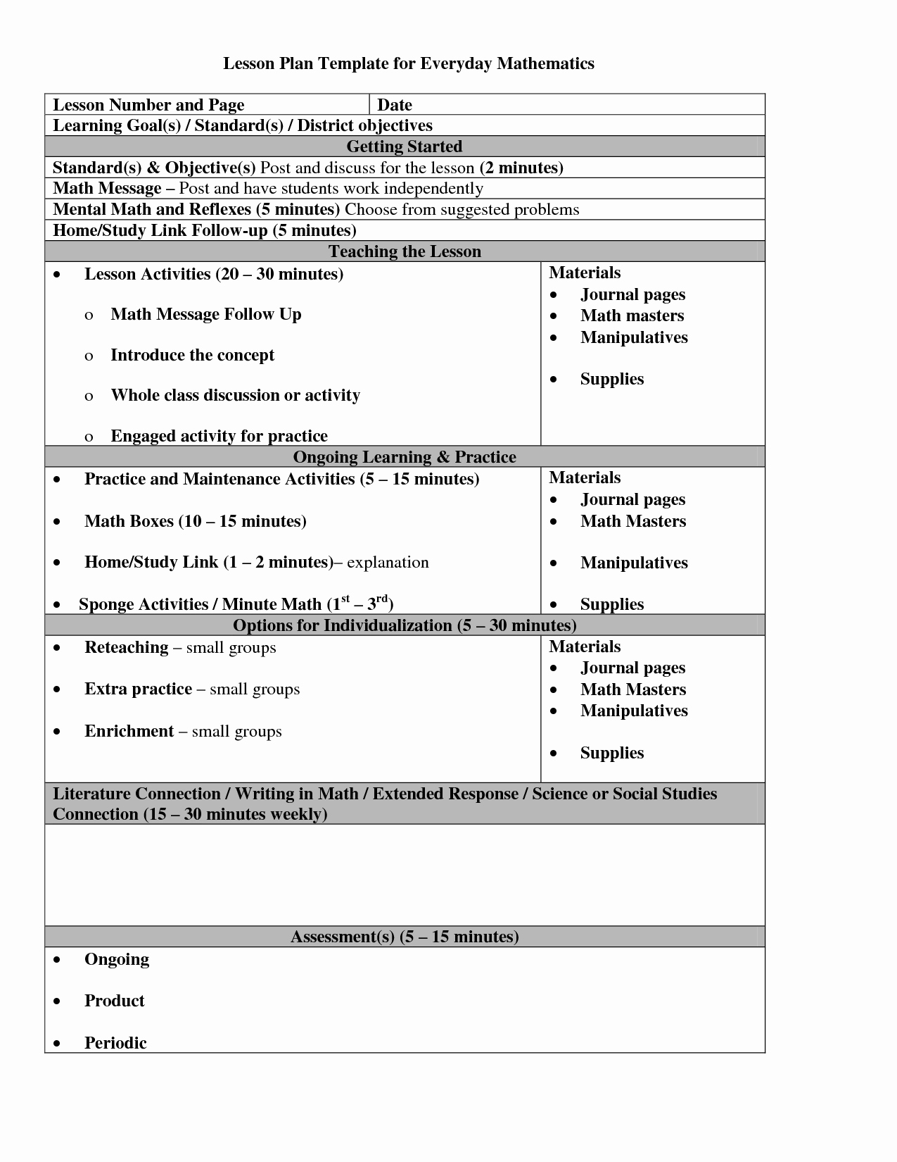 Tutor Lesson Plan Template Best Of Everyday Math Lesson Plan Template Math