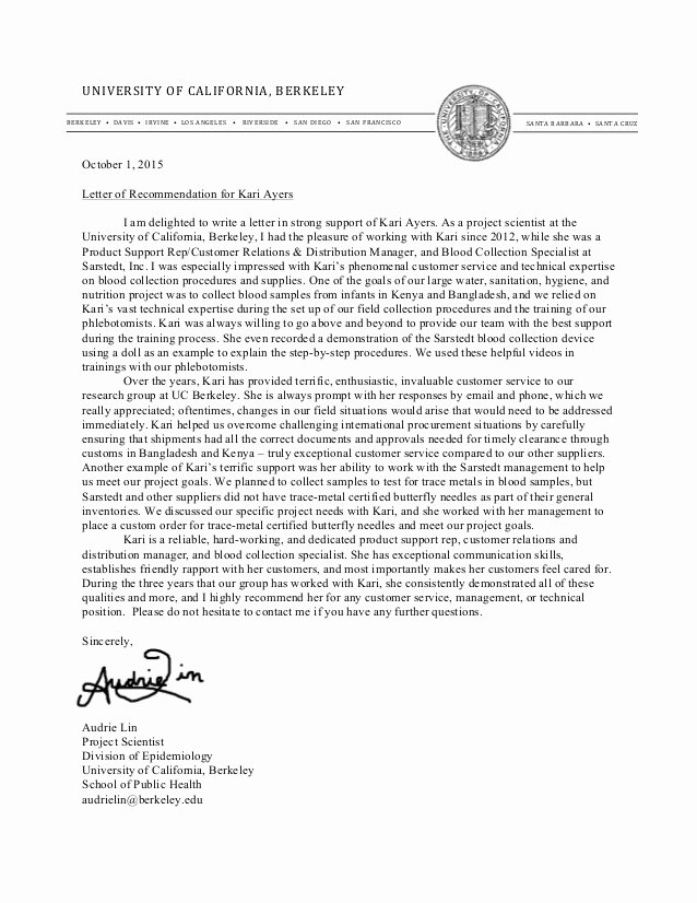 Uc Berkeley Letter Of Recommendation Unique Re Mendation Letter Kari Ayers 1