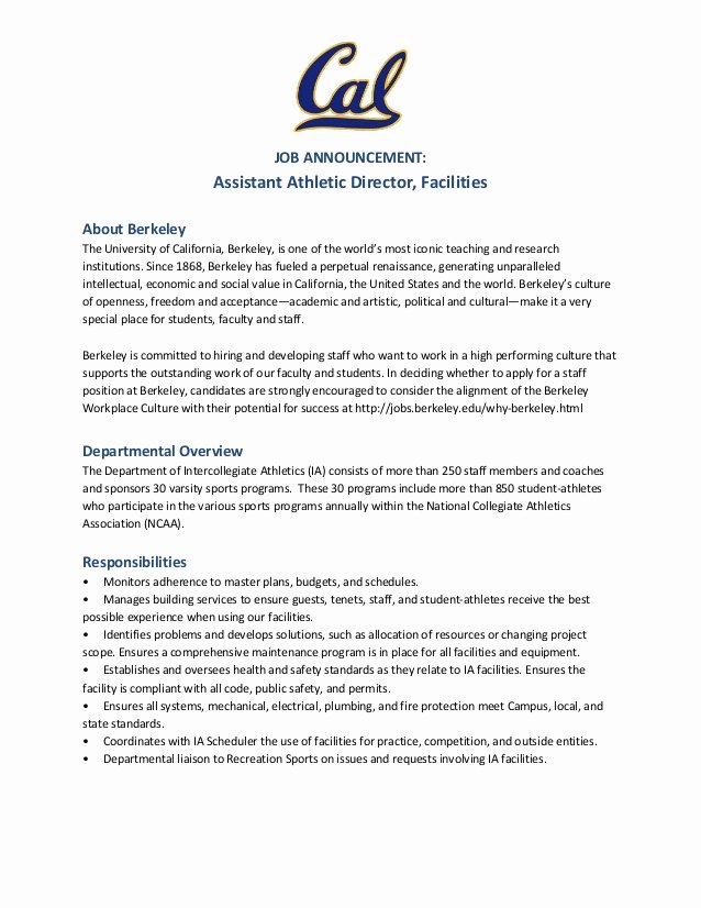 Uc Berkeley Recommendation Letter Luxury Hot Jobs assistant athletic Director Facilities Uc Berkeley