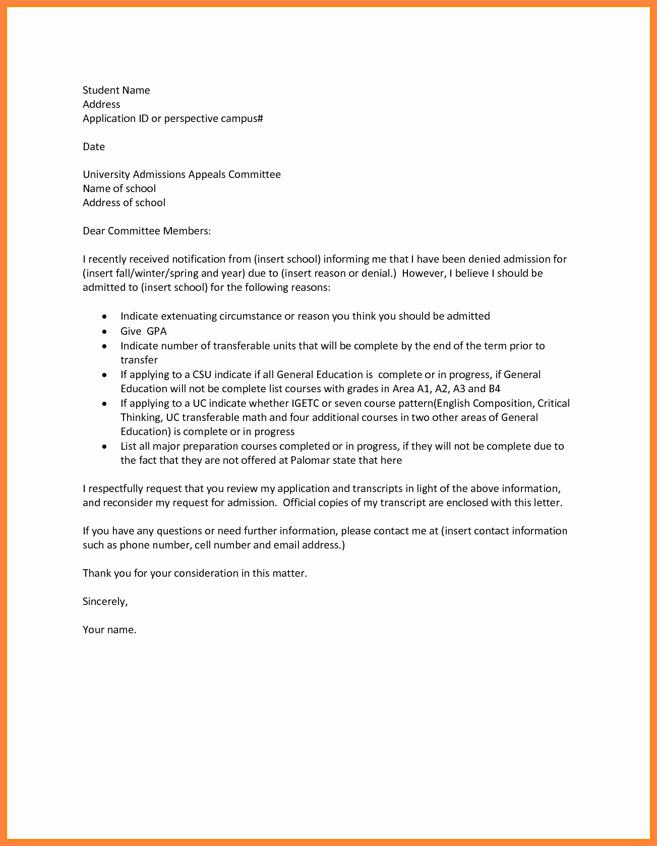 Usc Letter Of Recommendation Requirements Inspirational Appeal Letter for College Admission