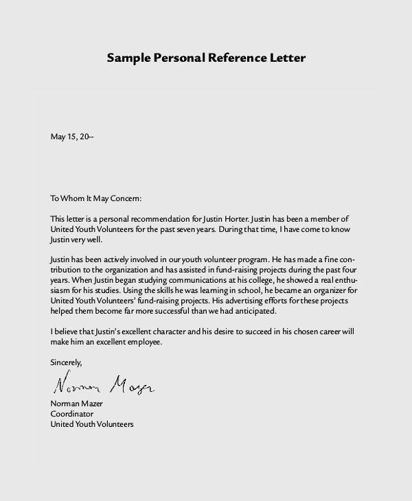 Usf Letter Of Recommendation Beautiful 7 Personal Reference Letter Sample
