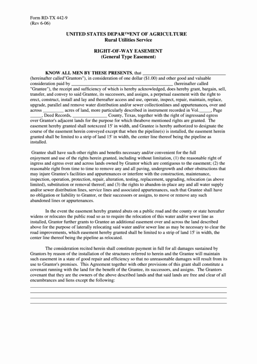 Utility Easement Agreement Template Fresh form Fmha Tx 442 9 United States Printable Pdf