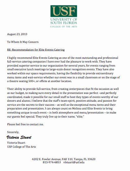 Uw Letter Of Recommendation Awesome Elite events Catering Letters Of Re Mendation