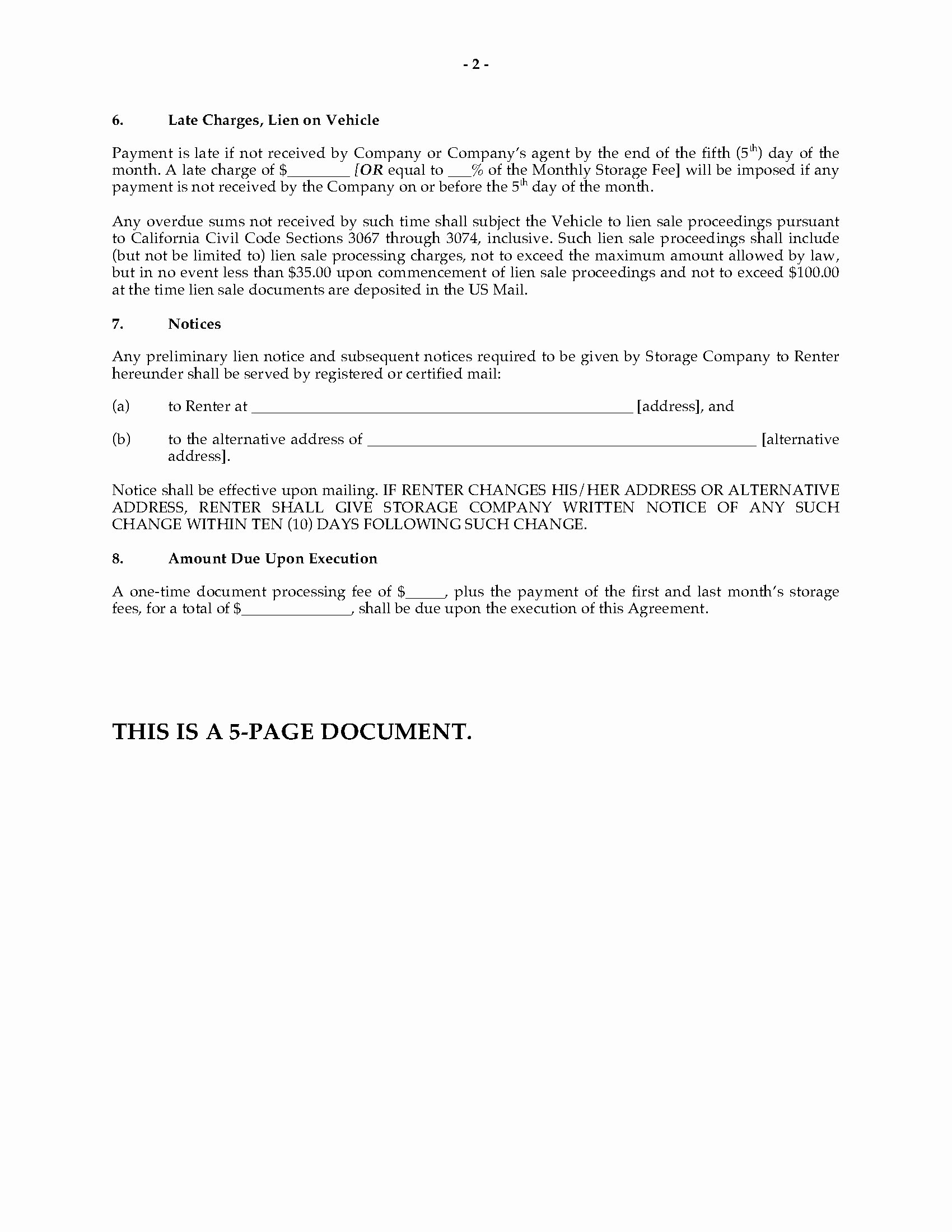 Vehicle Storage Contract Template New California Vehicle Storage Agreement