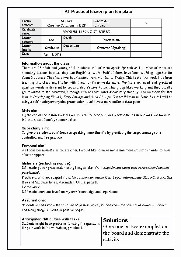 Vocal Lesson Plan Template Luxury Passive Causative Lesson Plan for Tkt