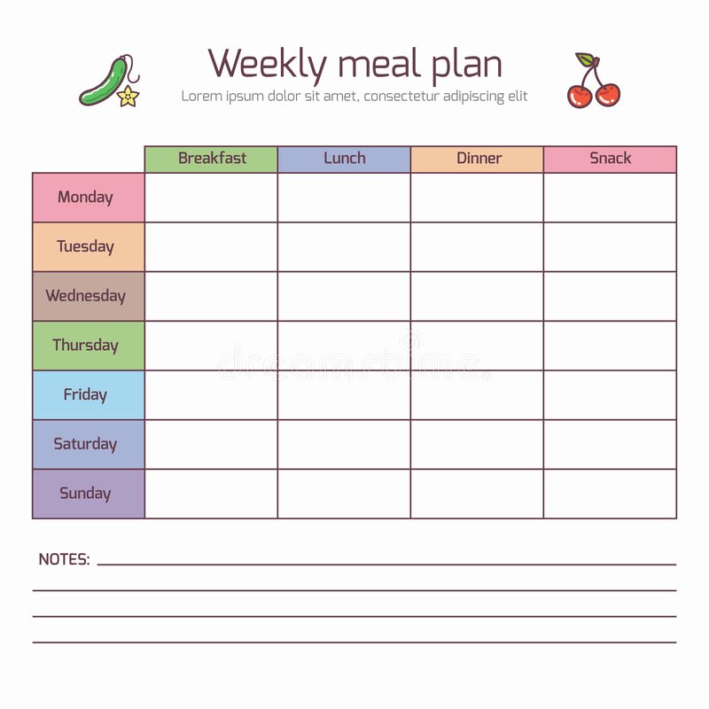 Weekly Food Plan Template Unique Weekly Meal Plan Mealtime Vector Diary Stock Vector