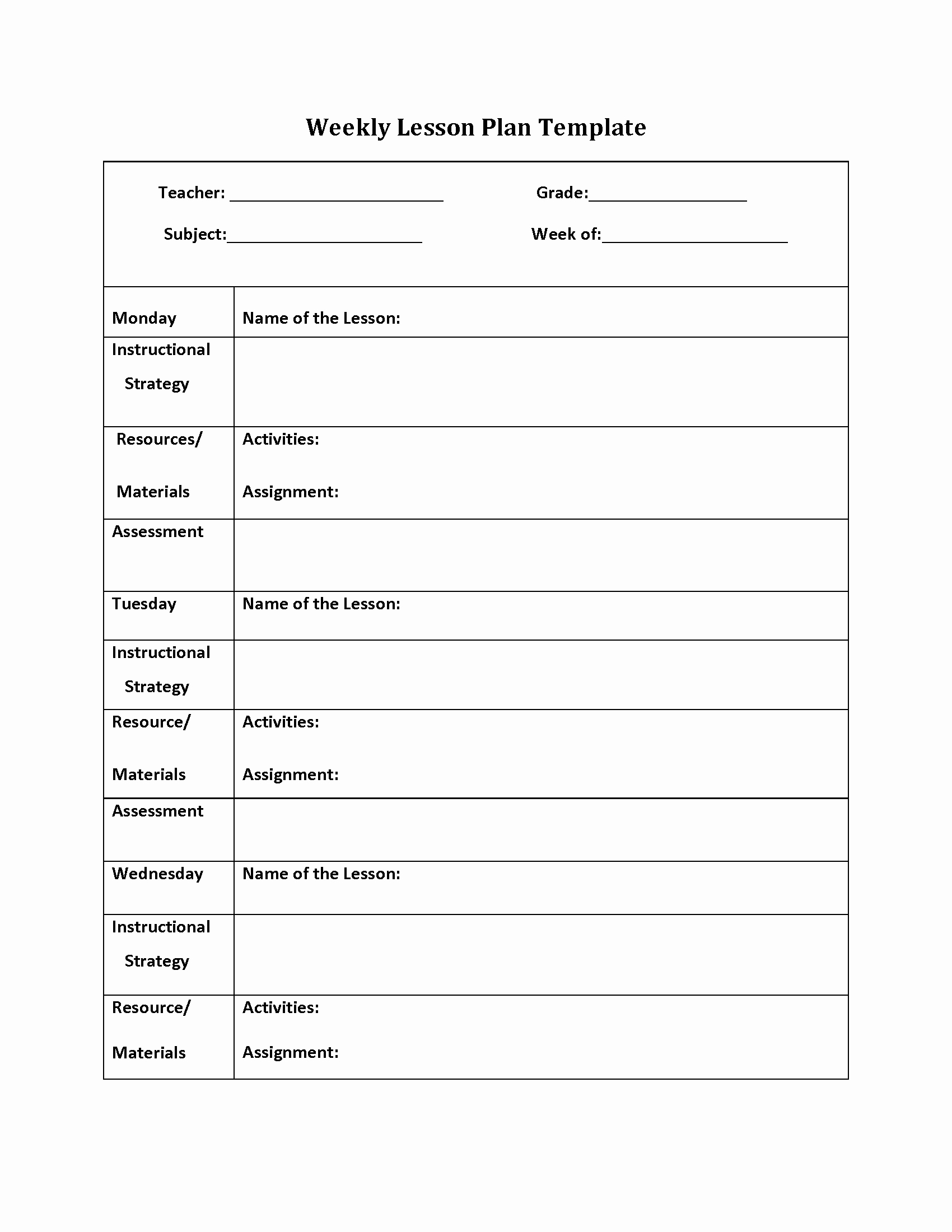 Weekly Lesson Plan Template Doc Inspirational Weekly Lesson Planner Template Excel Plan Microsoft Word