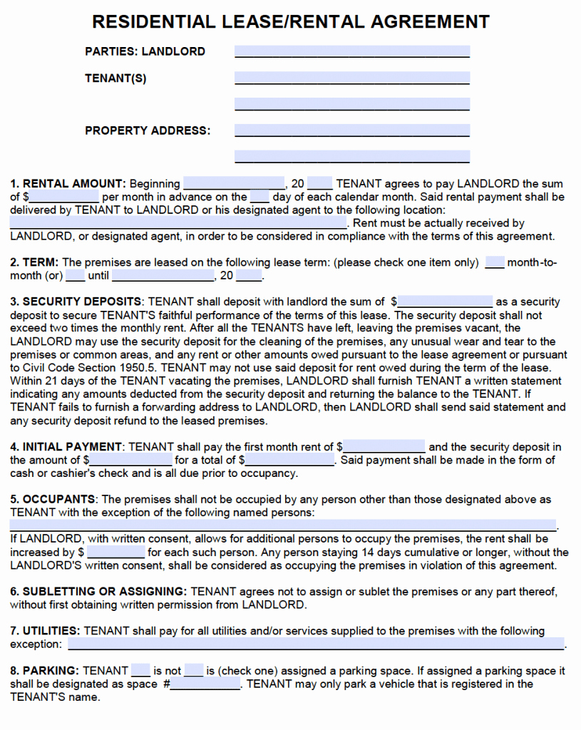 california standard residential lease agreement pdf word template