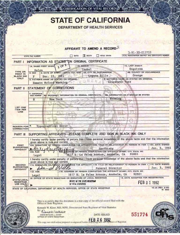 What Does A California Birth Certificate Look Like Fresh Addendum to Death Certificate for Helen Engstrom