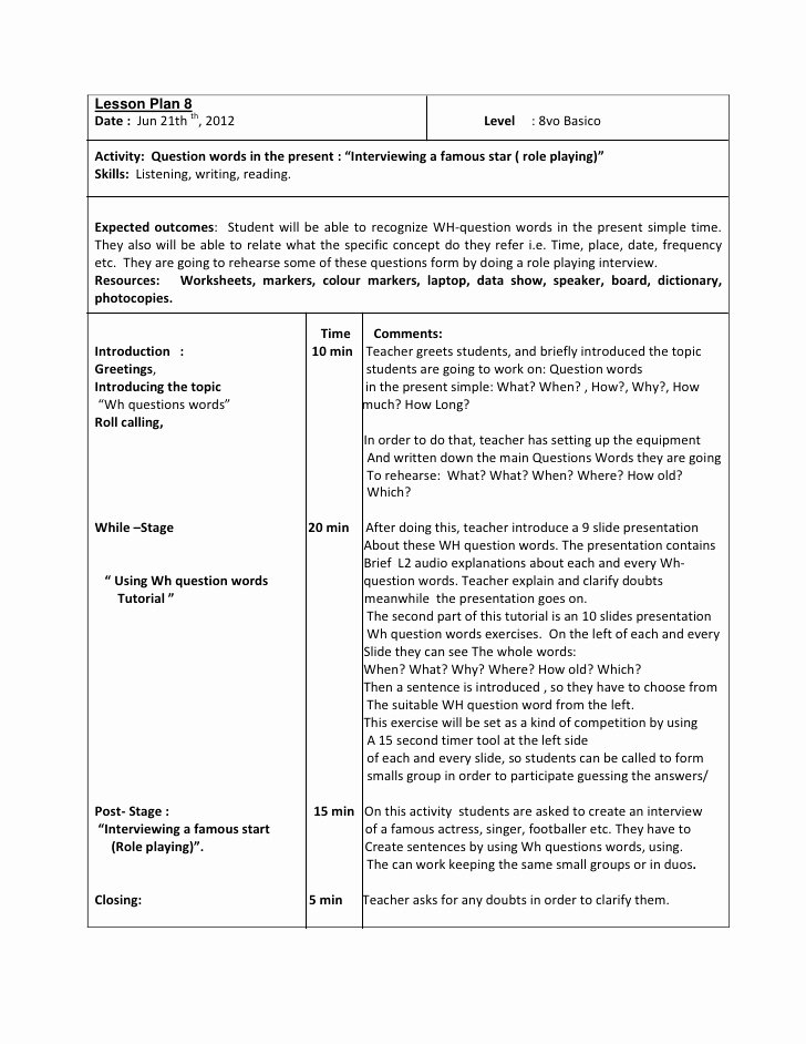 Word Lesson Plan Template Best Of Lesson Plan 8 Octavo Basico Question Words In the Present