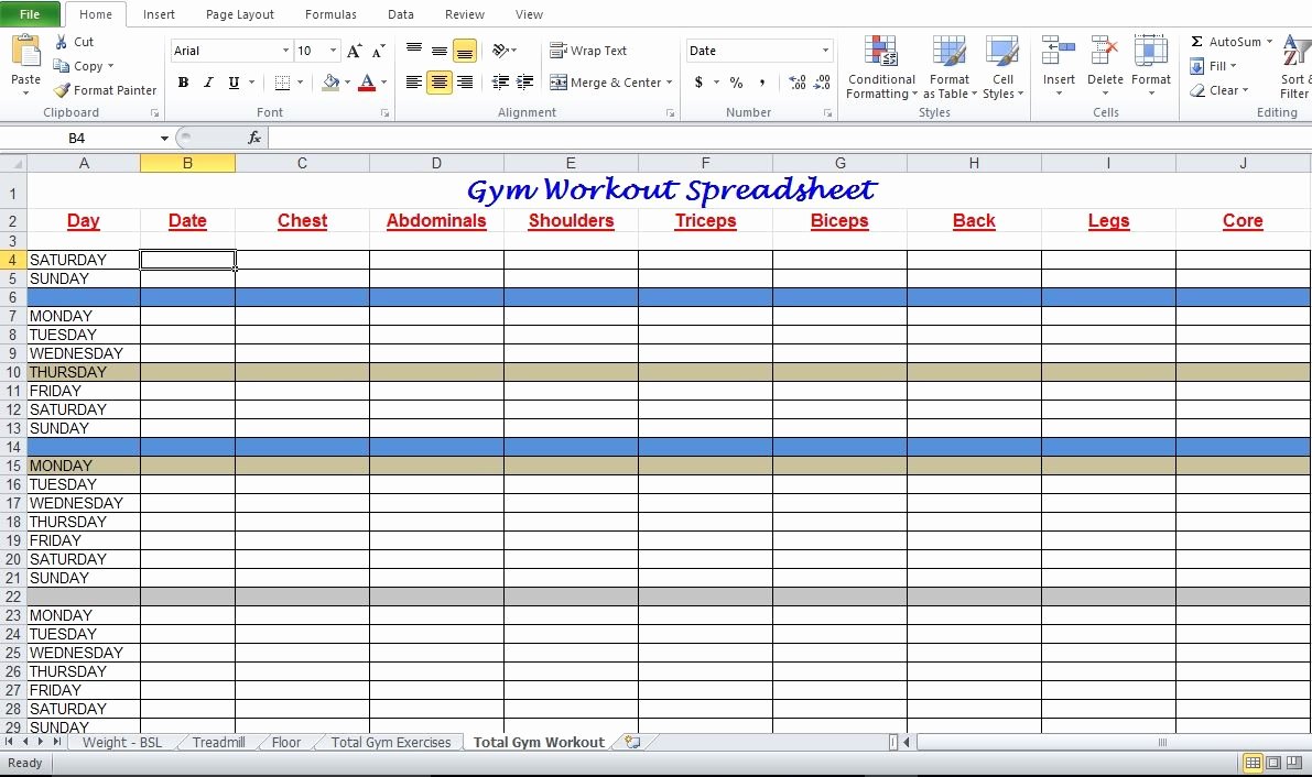 Workout Plan Template Excel Awesome Gym Workout Plan Spreadsheet for Excel