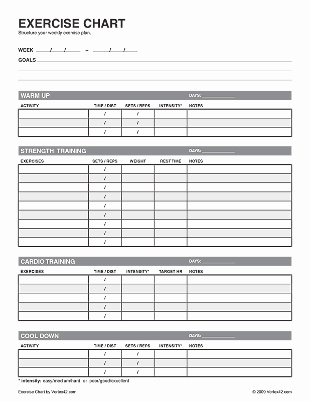 Workout Plan Template Pdf Inspirational Free Printable Exercise Chart Pdf From Vertex42